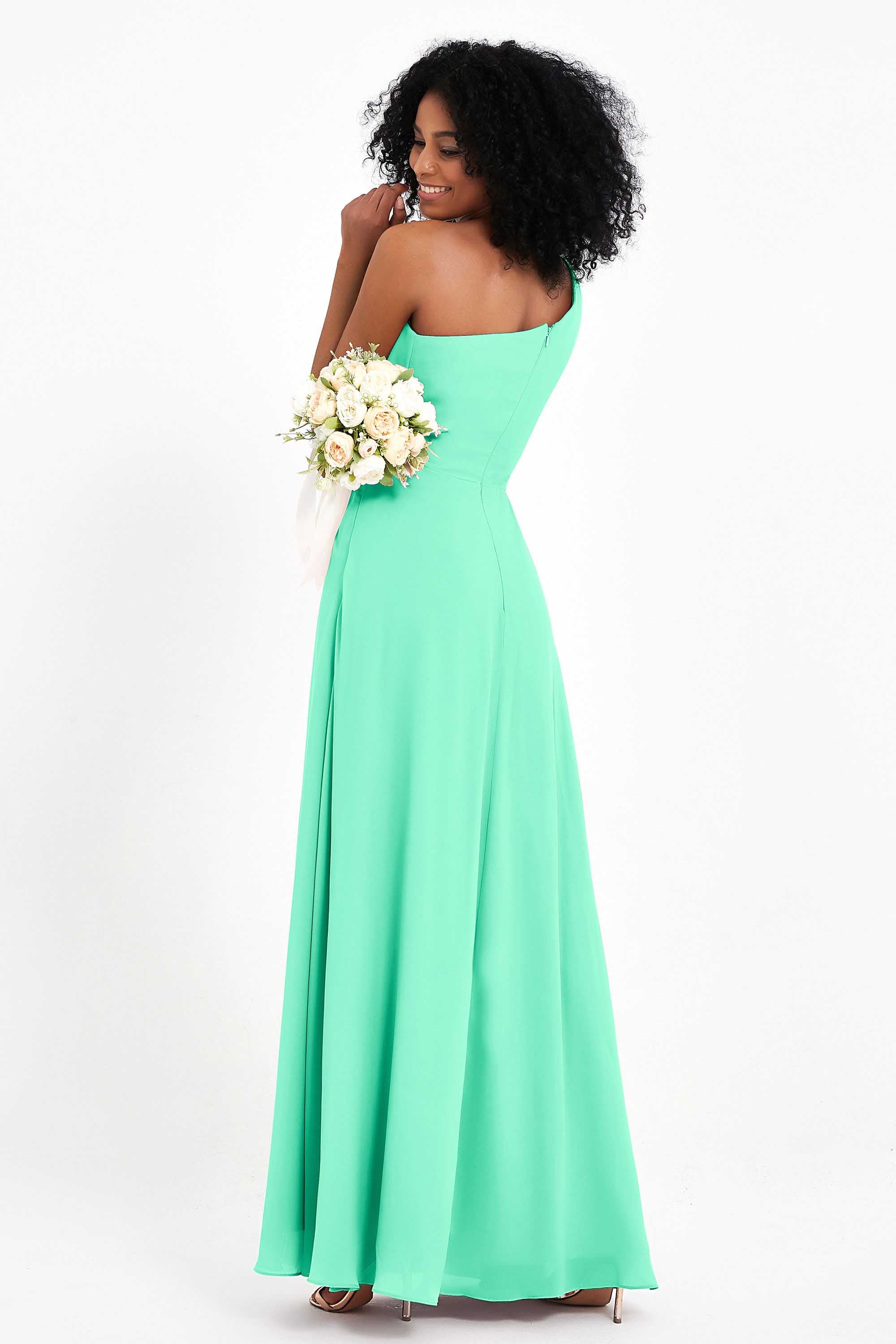One Shoulder Zipper Chiffon Bridesmaid Dresses with Slit Long Formal Evening Dress Gowns