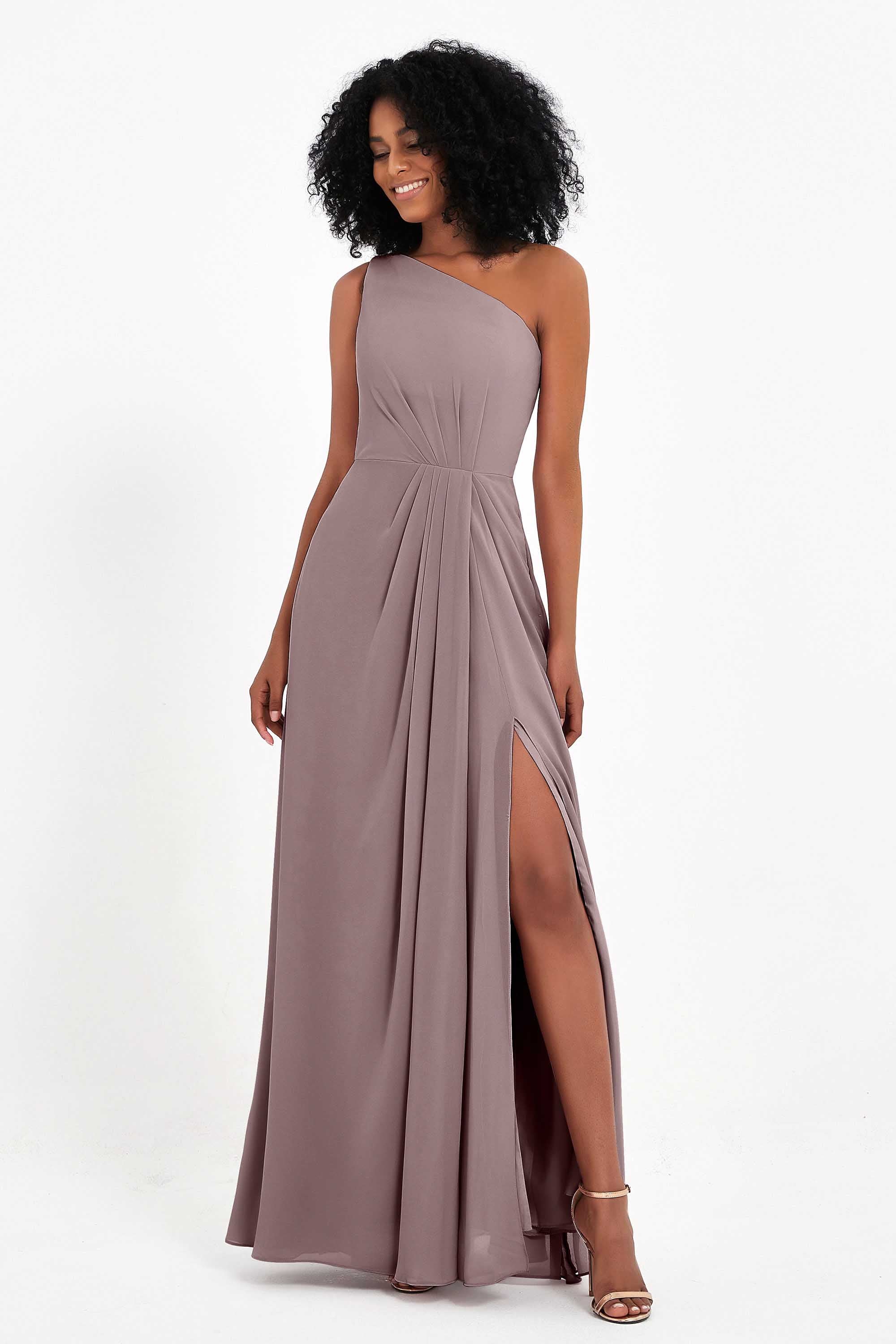 One Shoulder Zipper Chiffon Bridesmaid Dresses with Slit Long Formal Evening Dress Gowns