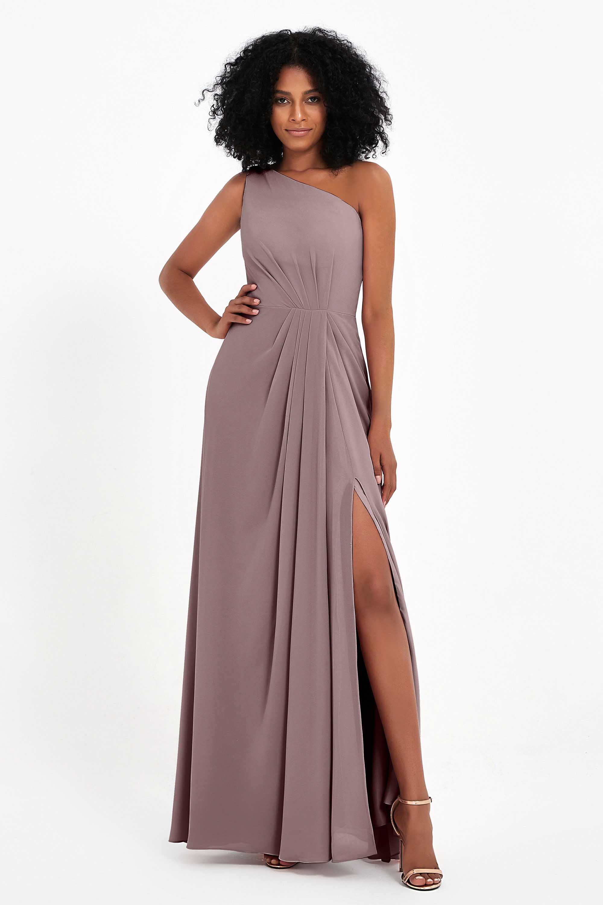One Shoulder Zipper Chiffon Bridesmaid Dresses with Slit Long Formal Evening Dress Gowns
