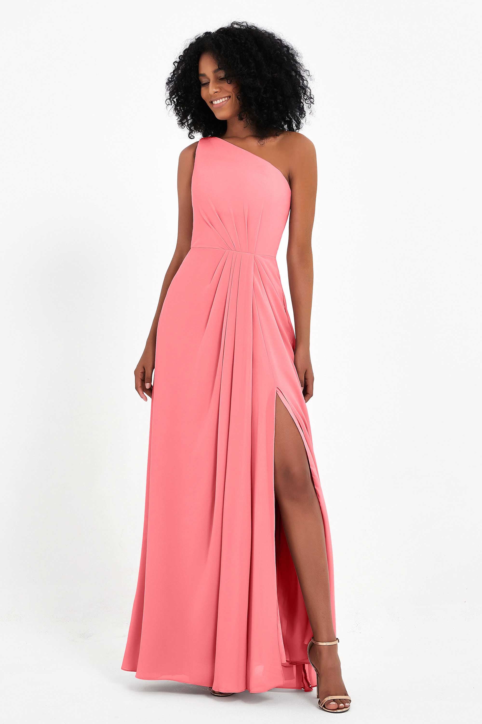 One Shoulder Zipper Chiffon Bridesmaid Dresses with Slit Long Formal Evening Dress Gowns