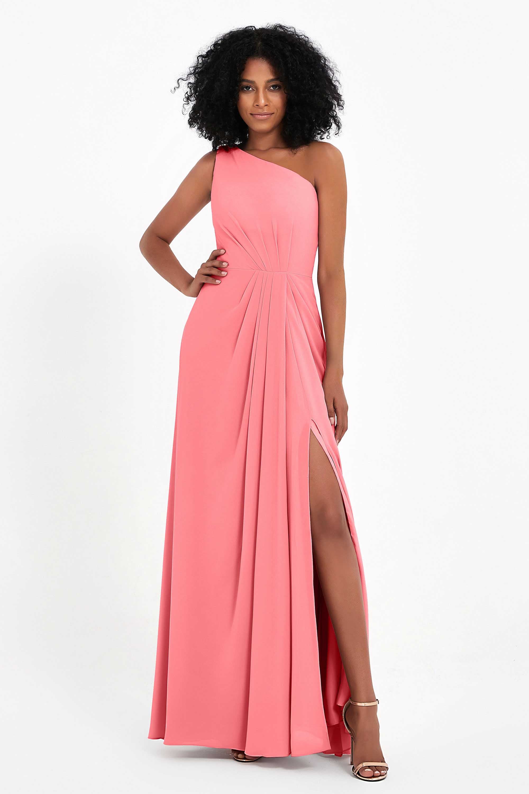 One Shoulder Zipper Chiffon Bridesmaid Dresses with Slit Long Formal Evening Dress Gowns