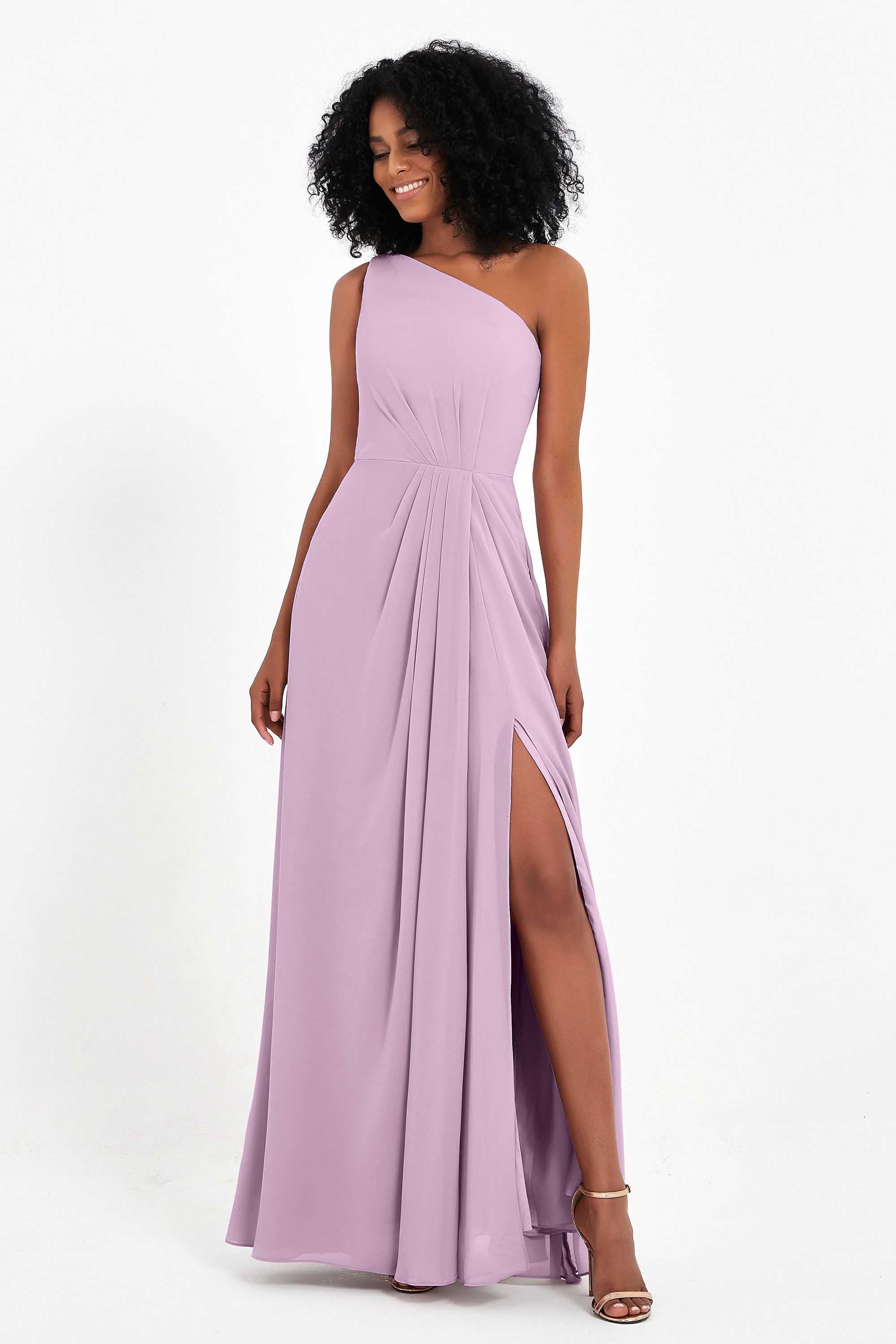 One Shoulder Zipper Chiffon Bridesmaid Dresses with Slit Long Formal Evening Dress Gowns