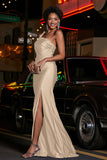 One Shoulder Beaded Jersey Gown Sweep Train Formal Evening Dresses with Slit Prom Party Gowns