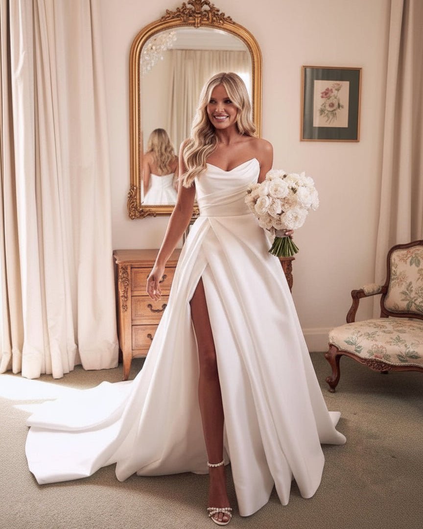 A-Line White Sleeveless Satin Wedding Dress With Side Slit