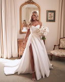 A-Line White Sleeveless Satin Wedding Dress With Side Slit