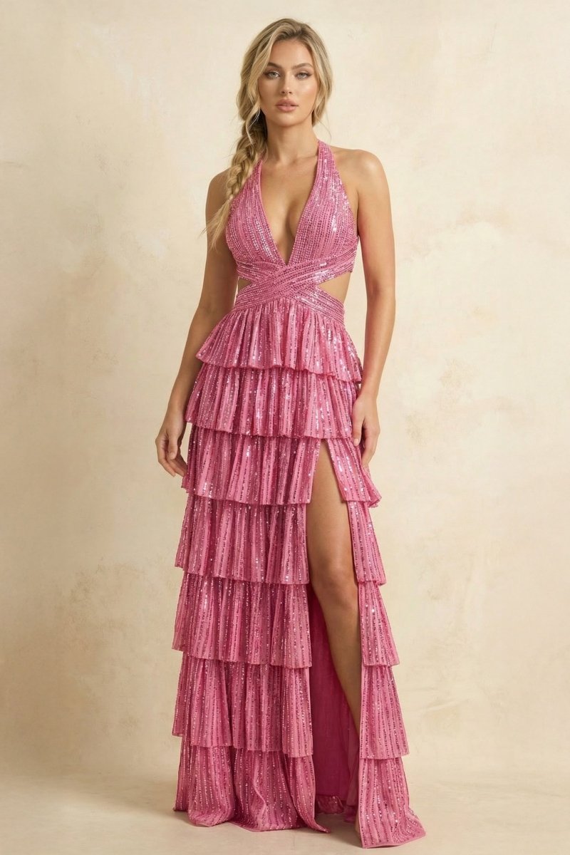 Dusty Pink - A-Line Halter Satin Beaded Long Prom Dresses With Ruffles