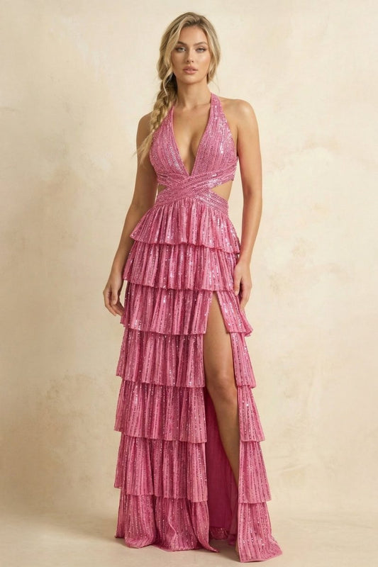 Dusty Pink - A-Line Halter Satin Beaded Long Prom Dresses With Ruffles