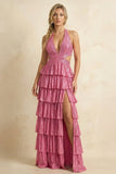 Dusty Pink - A-Line Halter Satin Beaded Long Prom Dresses With Ruffles