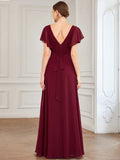 Custom Size Short Ruffle Sleeve Pleated Chiffon A-Line Evening Mother of the Bride Dress Prom Party Gowns