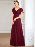 Custom Size Short Ruffle Sleeve Pleated Chiffon A-Line Evening Mother of the Bride Dress Prom Party Gowns