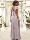 Custom Size Short Ruffle Sleeve Pleated Chiffon A-Line Evening Mother of the Bride Dress Prom Party Gowns
