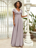 Custom Size Short Ruffle Sleeve Pleated Chiffon A-Line Evening Mother of the Bride Dress Prom Party Gowns
