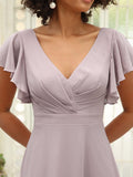 Custom Size Short Ruffle Sleeve Pleated Chiffon A-Line Evening Mother of the Bride Dress Prom Party Gowns