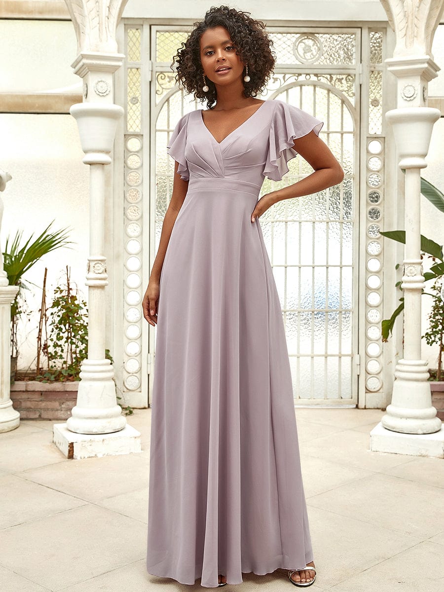 Custom Size Short Ruffle Sleeve Pleated Chiffon A-Line Evening Mother of the Bride Dress Prom Party Gowns