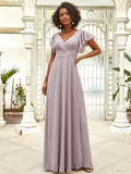 Custom Size Short Ruffle Sleeve Pleated Chiffon A-Line Evening Mother of the Bride Dress Prom Party Gowns