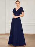 Custom Size Short Ruffle Sleeve Pleated Chiffon A-Line Evening Mother of the Bride Dress Prom Party Gowns
