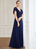 Custom Size Short Ruffle Sleeve Pleated Chiffon A-Line Evening Mother of the Bride Dress Prom Party Gowns
