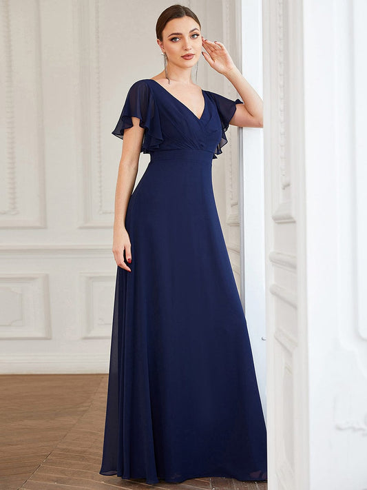 Benutzerdefinierte Größe Kurze Rüschenärmel Plissee Chiffon A-Linie Abendkleid Prom Party Kleider