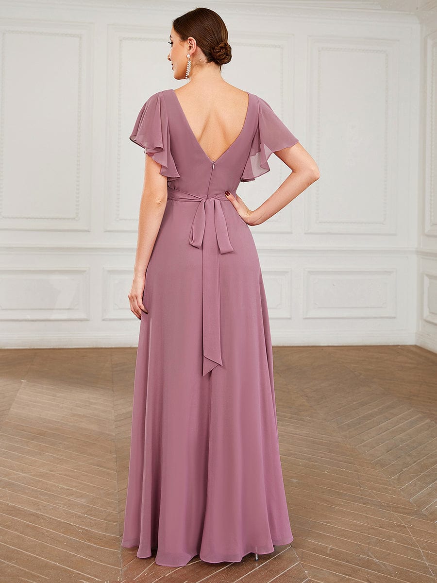 Custom Size Short Ruffle Sleeve Pleated Chiffon A-Line Evening Mother of the Bride Dress Prom Party Gowns