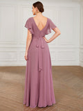 Custom Size Short Ruffle Sleeve Pleated Chiffon A-Line Evening Mother of the Bride Dress Prom Party Gowns