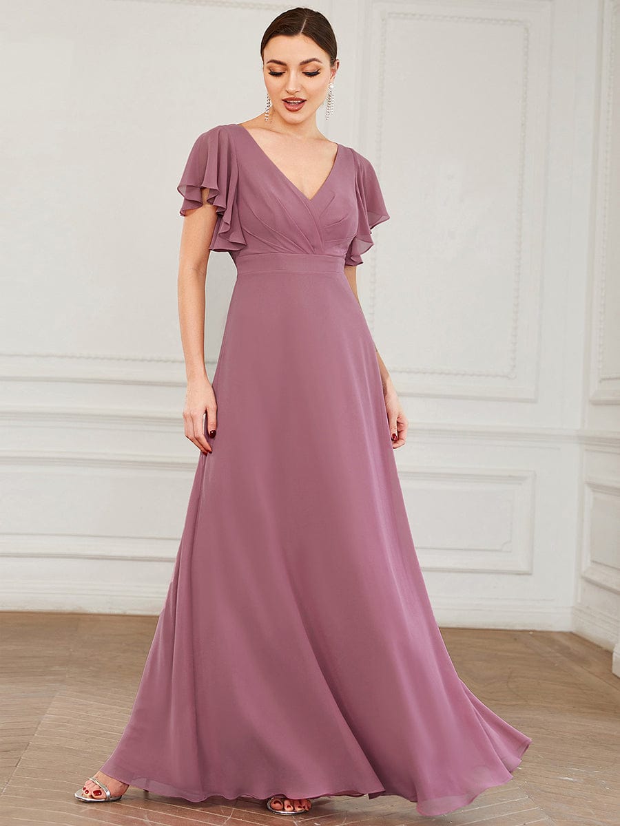 Custom Size Short Ruffle Sleeve Pleated Chiffon A-Line Evening Mother of the Bride Dress Prom Party Gowns