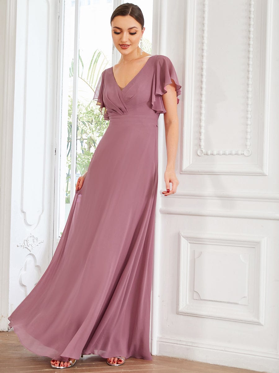 Custom Size Short Ruffle Sleeve Pleated Chiffon A-Line Evening Mother of the Bride Dress Prom Party Gowns