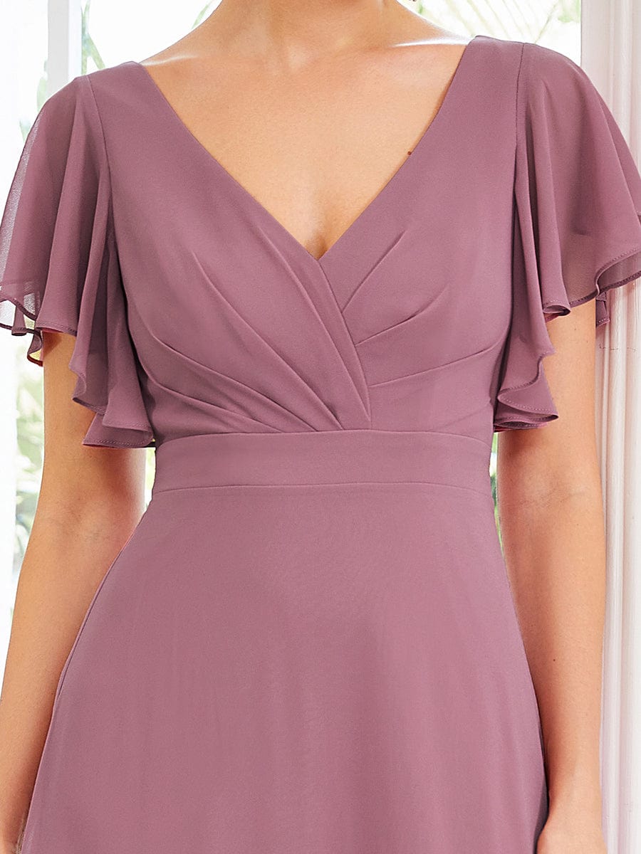 Custom Size Short Ruffle Sleeve Pleated Chiffon A-Line Evening Mother of the Bride Dress Prom Party Gowns