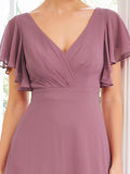 Custom Size Short Ruffle Sleeve Pleated Chiffon A-Line Evening Mother of the Bride Dress Prom Party Gowns