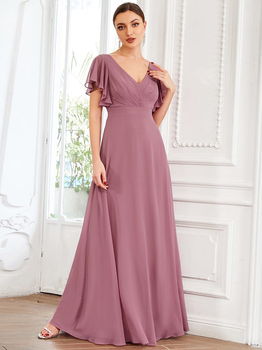 Custom Size Short Ruffle Sleeve Pleated Chiffon A-Line Evening Mother of the Bride Dress Prom Party Gowns