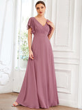 Custom Size Short Ruffle Sleeve Pleated Chiffon A-Line Evening Mother of the Bride Dress Prom Party Gowns