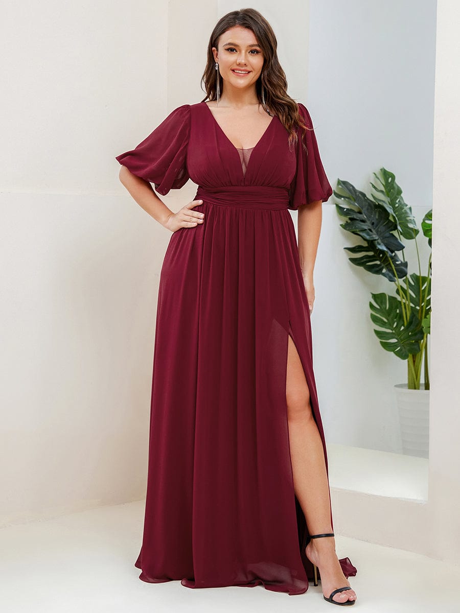 Benutzerdefinierte Größe V-Ausschnitt vorne Schlitz Chiffon Abendkleid Damen formale Ball Party Kleider