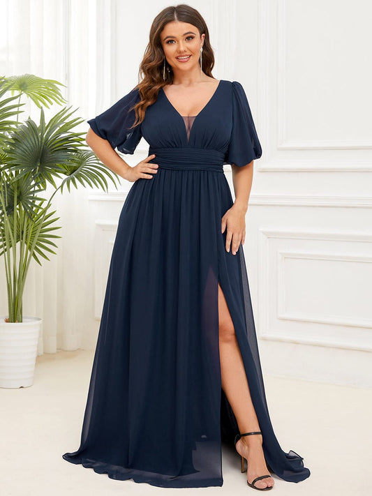 Benutzerdefinierte Größe V-Ausschnitt vorne Schlitz Chiffon Abendkleid Damen formale Ball Party Kleider