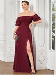 Vestido de noche de gasa fruncida con hombros descubiertos y abertura alta, vestidos formales para dama de honor