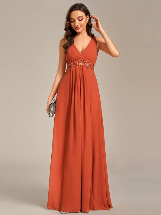 Blumenapplikationen Ärmelloses Chiffon Langes formelles Abendkleid Damen Hochzeitspartykleider