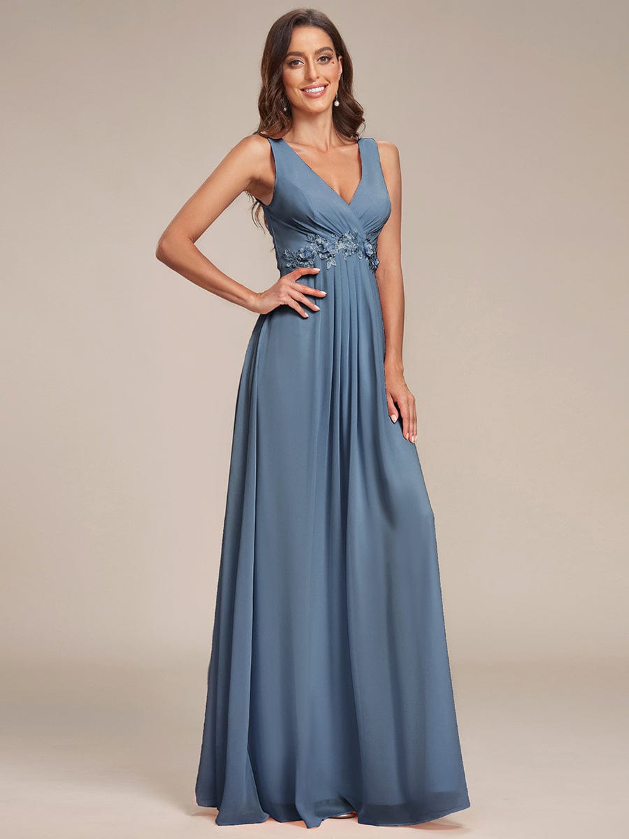 Blumenapplikationen Ärmelloses Chiffon Langes formelles Abendkleid Damen Hochzeitspartykleider