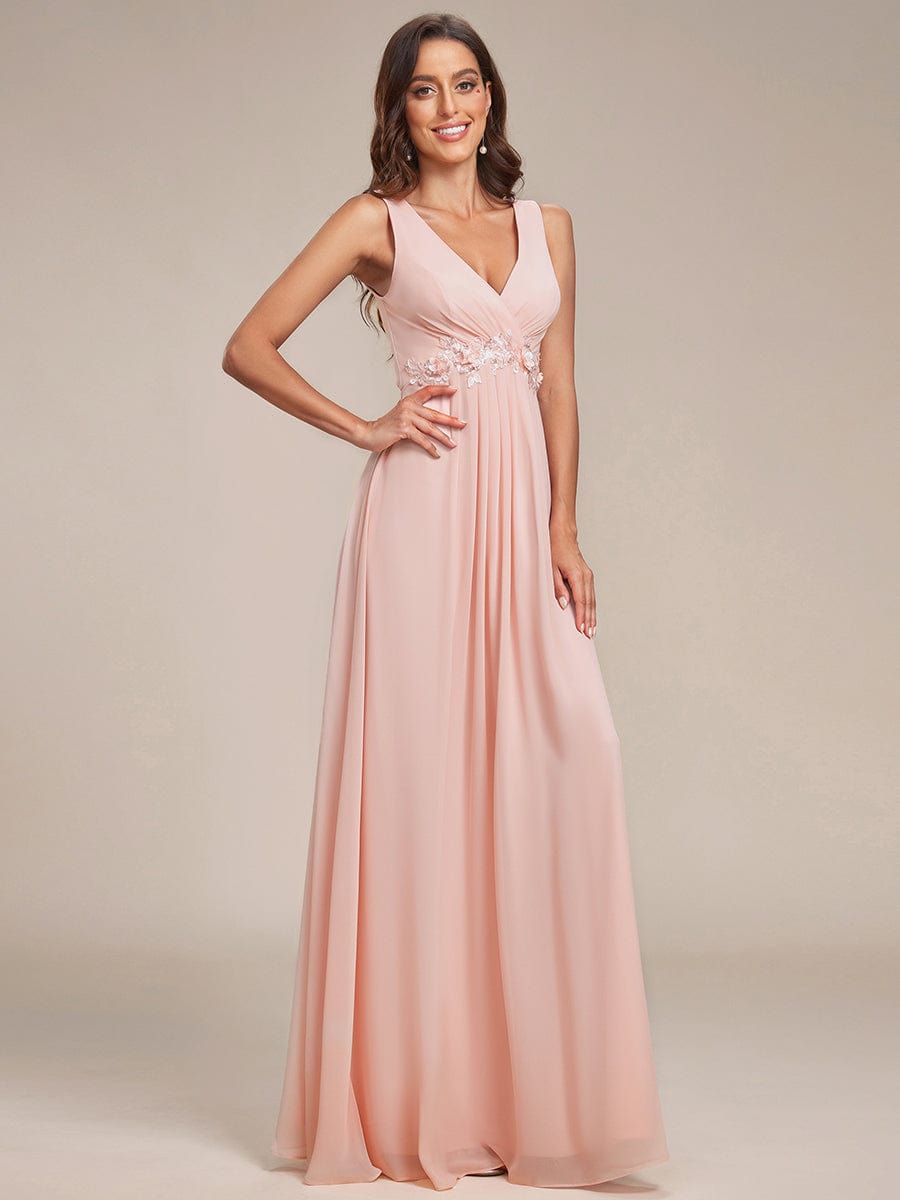 Blumenapplikationen Ärmelloses Chiffon Langes formelles Abendkleid Damen Hochzeitspartykleider