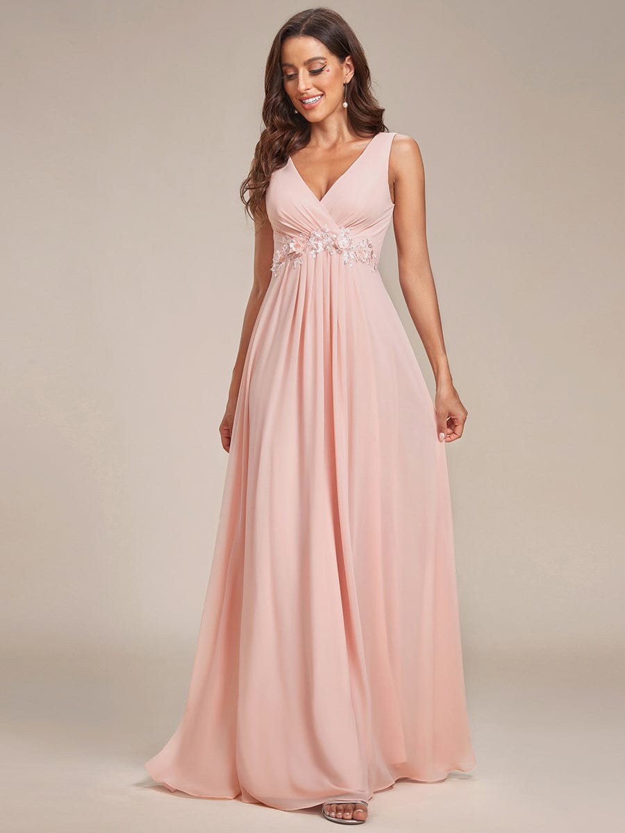 Blumenapplikationen Ärmelloses Chiffon Langes formelles Abendkleid Damen Hochzeitspartykleider