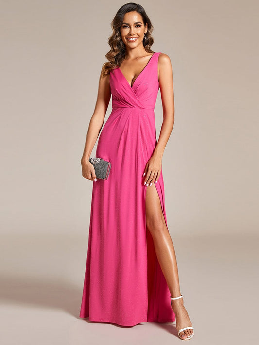 Glittery Sleeveless Double V-Neck Side Slit A-Line Formal Evening Dress Bridesmaid Dresses