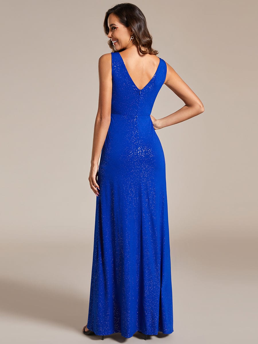 Glitzerndes ärmelloses A-Linien-Abendkleid mit doppeltem V-Ausschnitt und Seitenschlitz