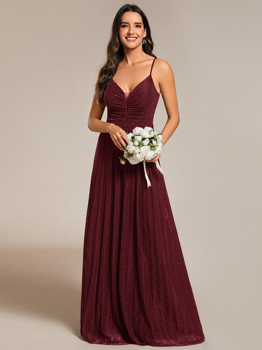 High-Waisted Glittering Spaghetti Straps Formal Evening Dress with Pleated Simple Bridesmaid Dresses