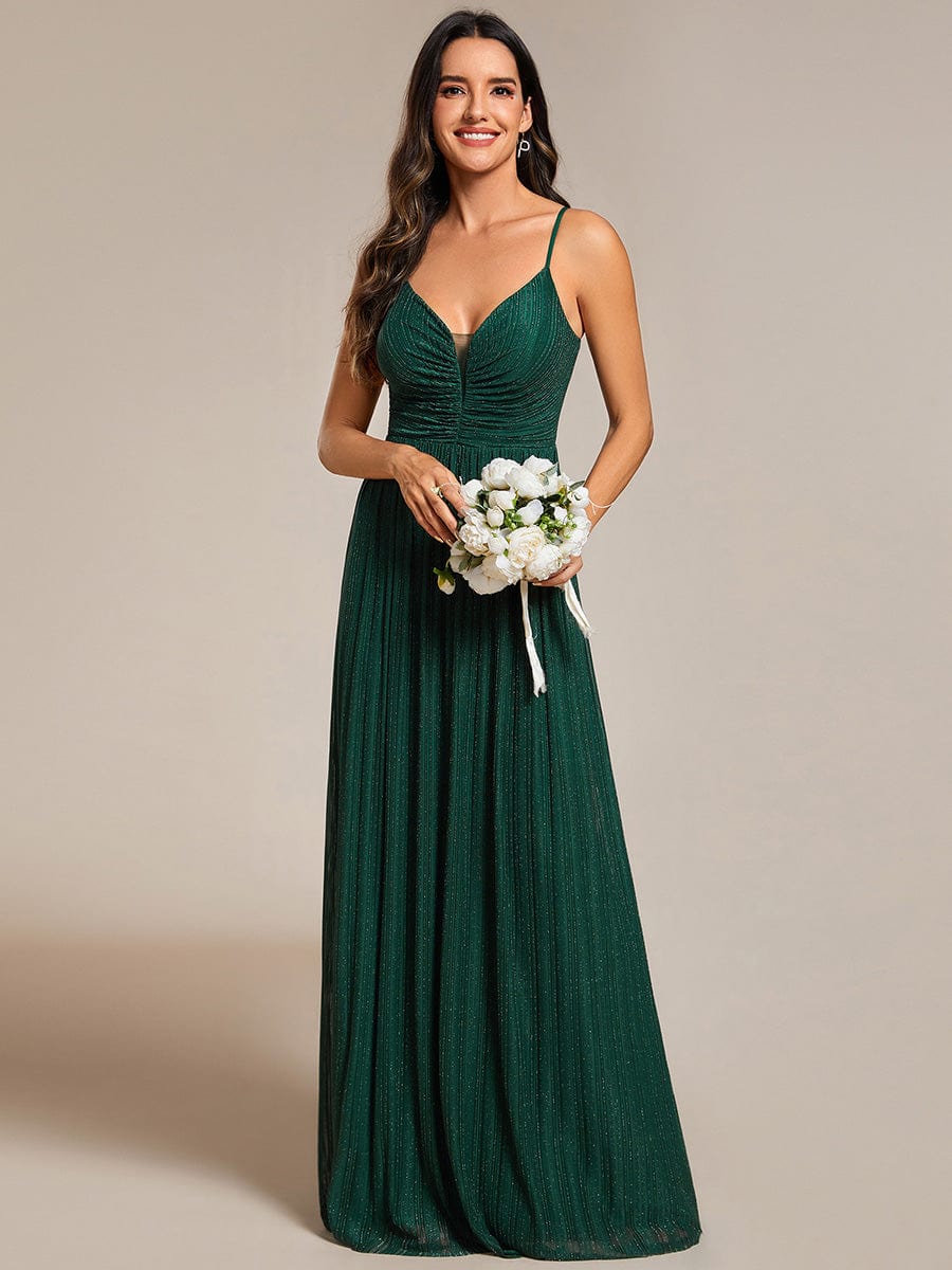 High-Waisted Glittering Spaghetti Straps Formal Evening Dress with Pleated Simple Bridesmaid Dresses