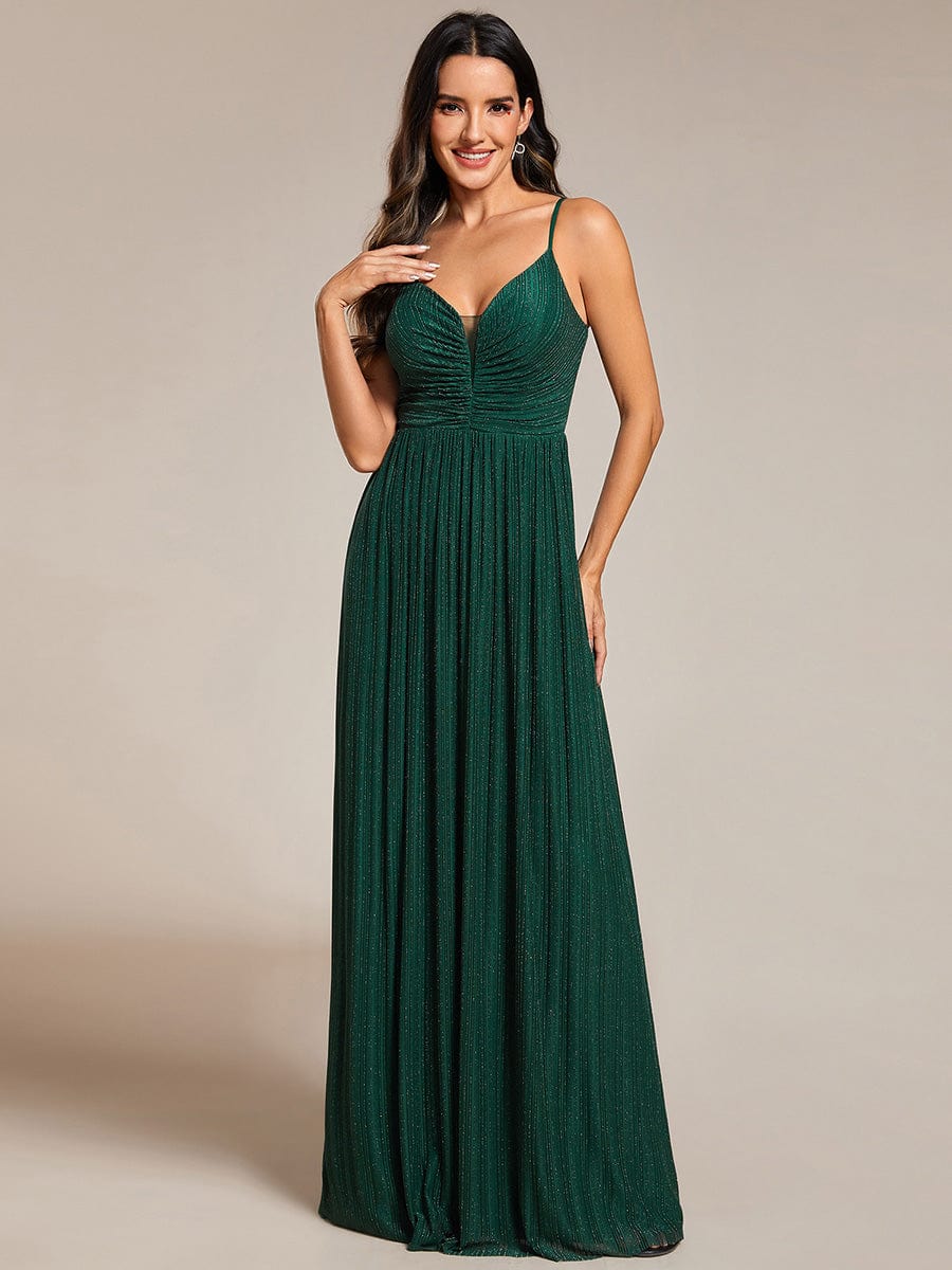 High-Waisted Glittering Spaghetti Straps Formal Evening Dress with Pleated Simple Bridesmaid Dresses