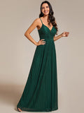 High-Waisted Glittering Spaghetti Straps Formal Evening Dress with Pleated Simple Bridesmaid Dresses