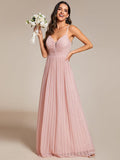 High-Waisted Glittering Spaghetti Straps Formal Evening Dress with Pleated Simple Bridesmaid Dresses
