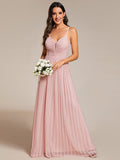 High-Waisted Glittering Spaghetti Straps Formal Evening Dress with Pleated Simple Bridesmaid Dresses