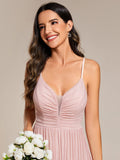 High-Waisted Glittering Spaghetti Straps Formal Evening Dress with Pleated Simple Bridesmaid Dresses