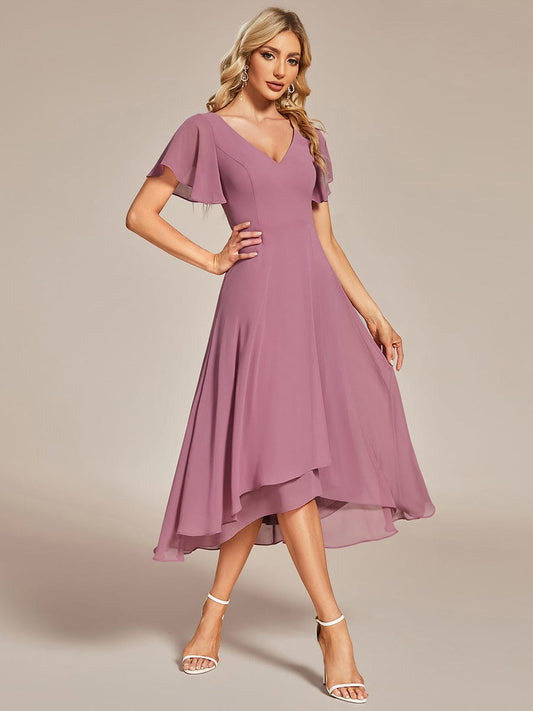 Flowing Chiffon V-Neck Ruffle Sleeves Bridesmaid Dress Wedding Guest Dresses