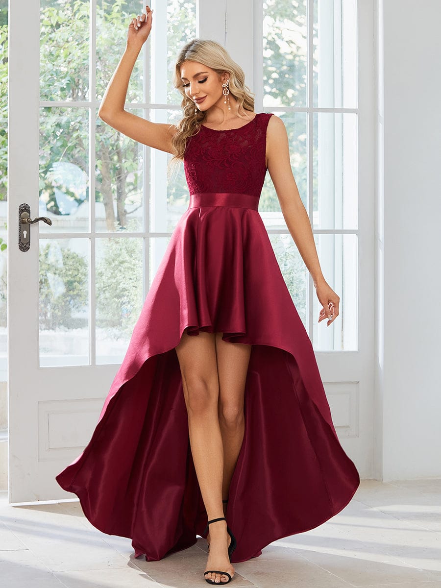 Elegant Sleeveless High-low Lace Top Wedding Guest Dress Prom Party Dresses Gowns