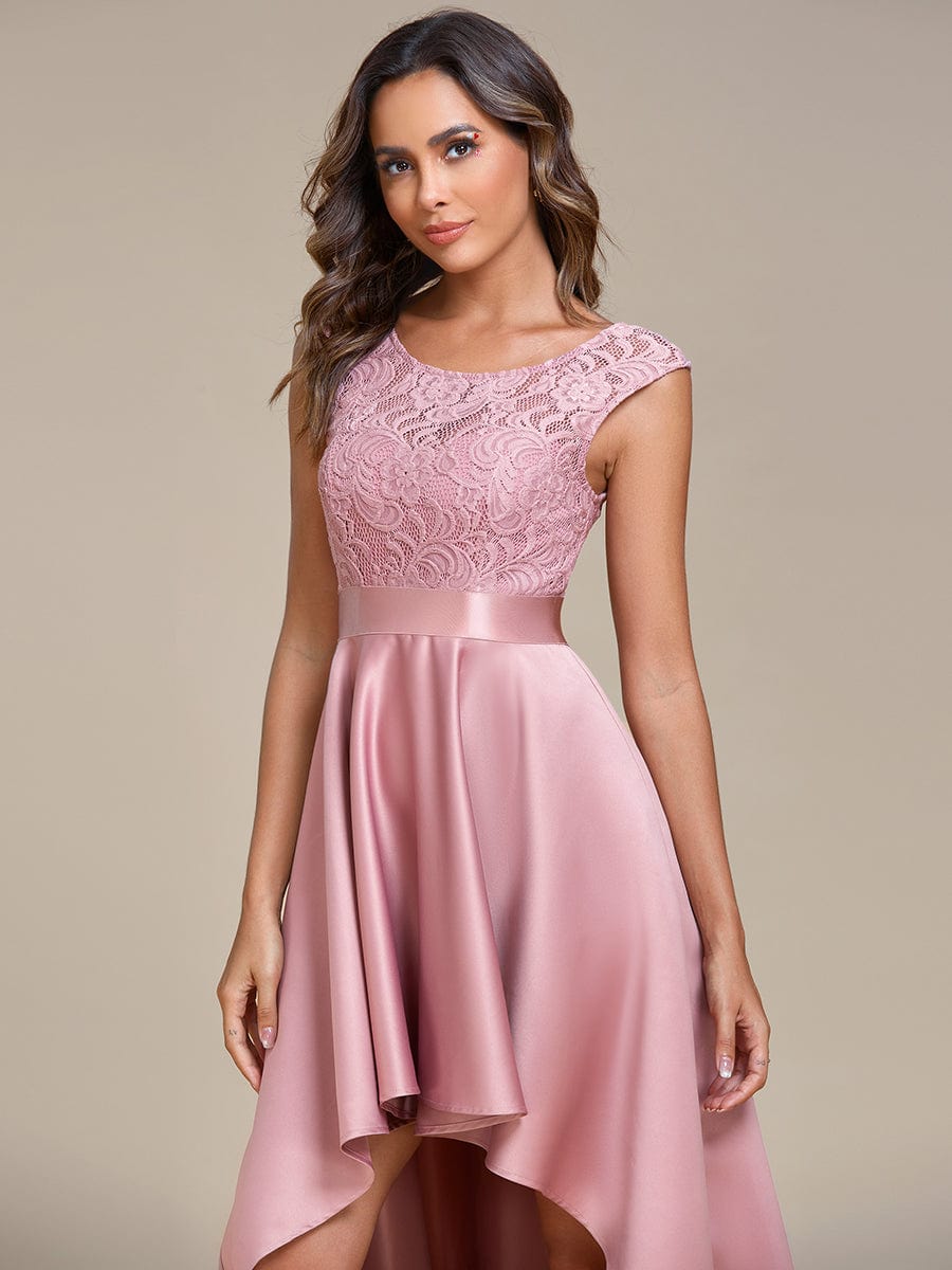Elegant Sleeveless High-low Lace Top Wedding Guest Dress Prom Party Dresses Gowns