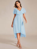 Chic V Neck Asymmetrical Hem Ruffles Sleeve Pleated Chiffon Wedding Guest Dress Bridesmaid Dresses